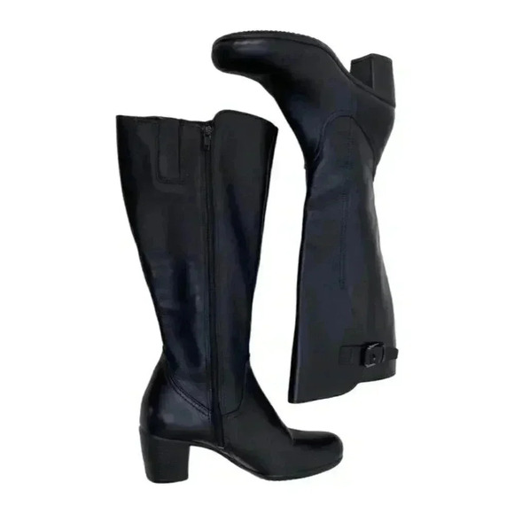 Ecco Knee High Tall Riding Boots Size 4 Block Heels Leather Buckle Side Zip - Picture 4 of 12